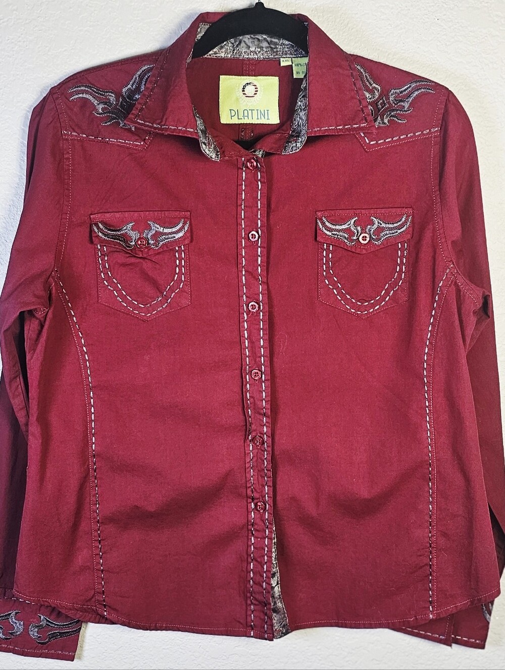 Vintage Y2K Platini Western Shirt Women L Burgundy Embroidered Button Up
